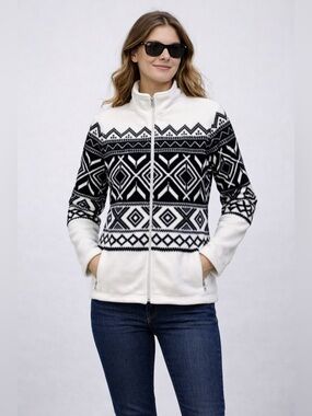 L-RL Ralph Lauren Active Fleece Full Zip Aztec White Black Jacket Womens Small